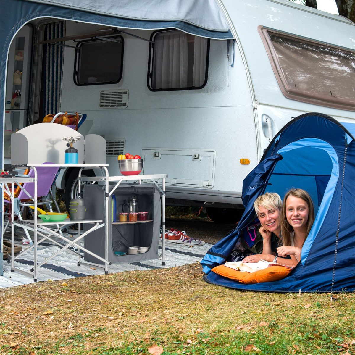 Bucatarie pliabila de camping, 111 x 147 x 46 cm, aluminiu, poliester si MDF, gri - imagine 4