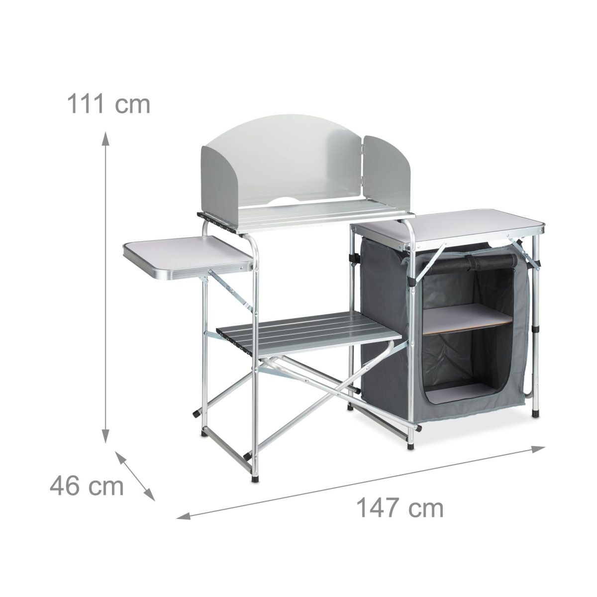 Bucatarie pliabila de camping, 111 x 147 x 46 cm, aluminiu, poliester si MDF, gri - imagine 2