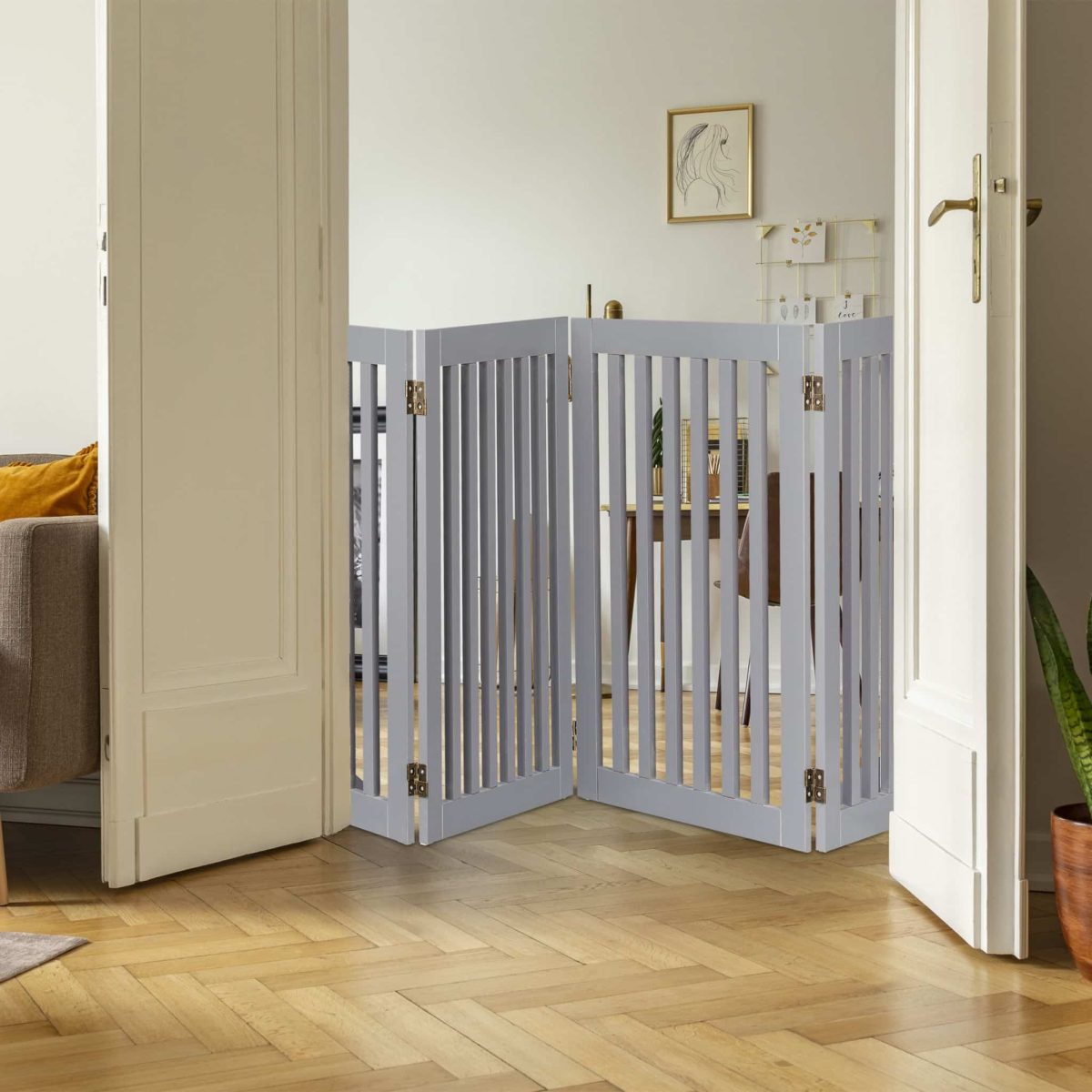 Gard de siguranta pentru copii sau animale de casa, Relaxdays, lungime maxima 206 cm, MDF, gri - imagine 2