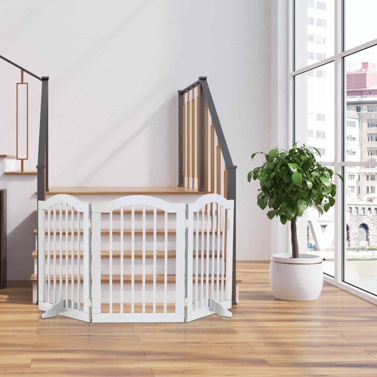 Poarta de siguranta pentru copii sau animale de casa, Relaxdays, H 70 cm, lungime maxima 154 cm, MDF si bambus, alb - imagine 2