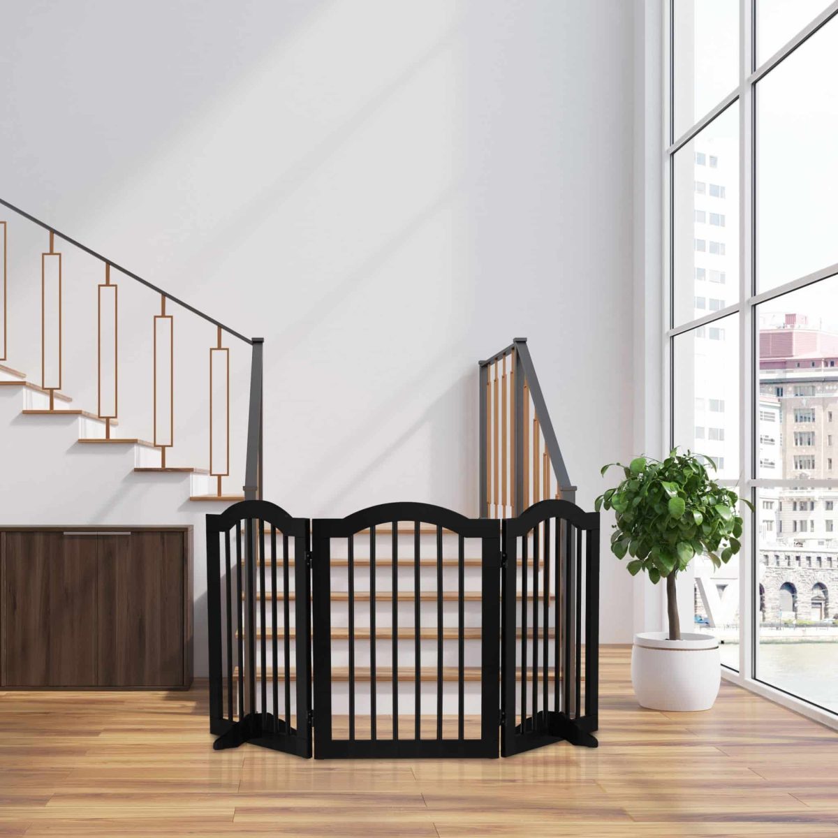 Poarta de siguranta pentru copii sau animale de casa, Relaxdays, H 70 cm, lungime maxima 154 cm, MDF si bambus, negru - imagine 2