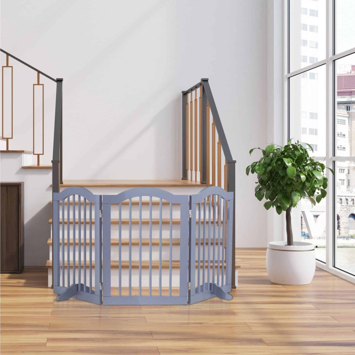 Poarta de siguranta pentru copii sau animale de casa, Relaxdays, H 70 cm, lungime maxima 154 cm, MDF si bambus, gri - imagine 2