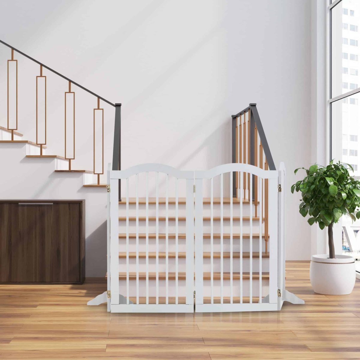 Poarta de siguranta pentru copii sau animale de casa, Relaxdays, H 92 cm, lungime maxima 205 cm, MDF si bambus, alb - imagine 2