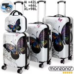 Set 3 trolere si bagaj de mana, M-L-XL, maner telescopic reglabil, roti duble robuste de 360°, blocaj cifru, alb