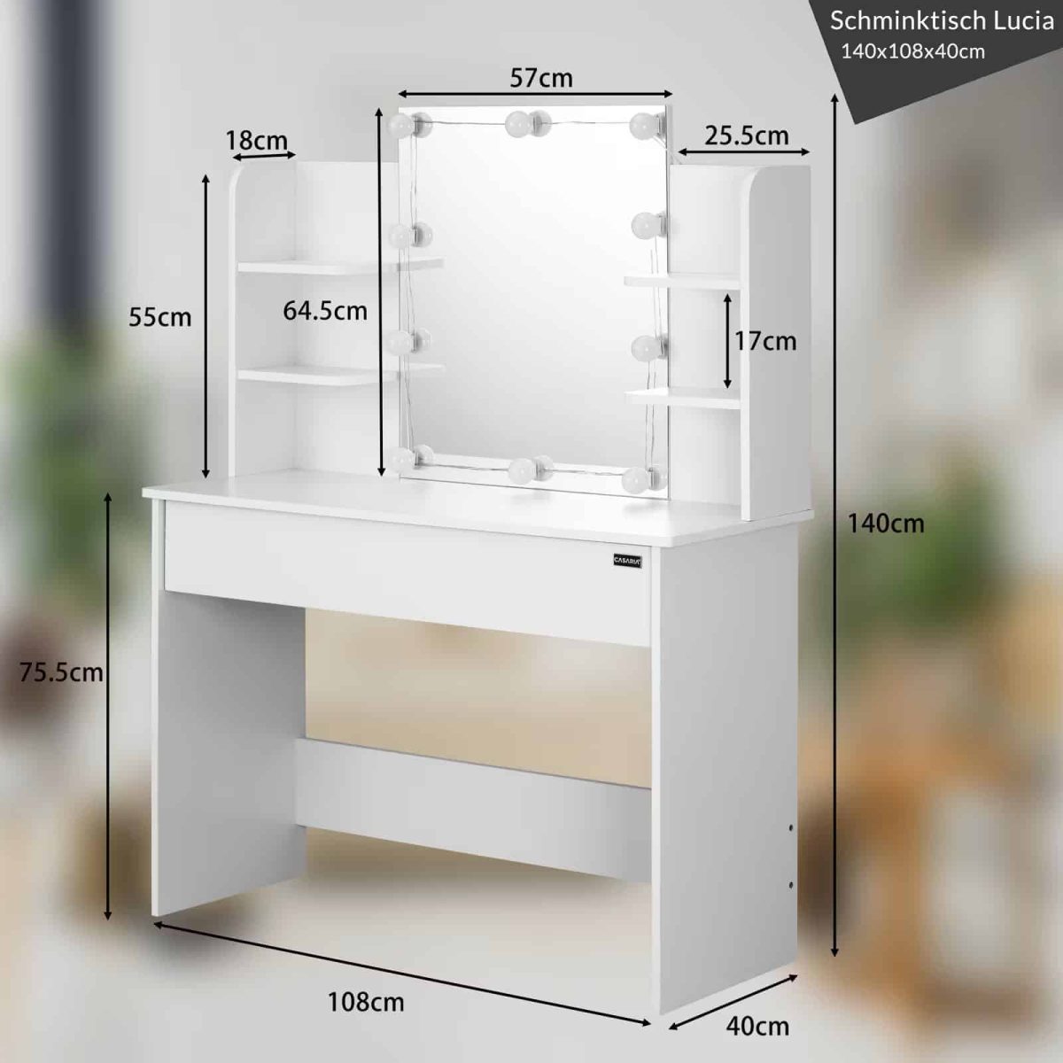Masa de toaleta cu LED, Casaria®, sertar cu 3 compartimente, 4 rafturi, alb, MDF, 108 x 140 x 40cm - imagine 6