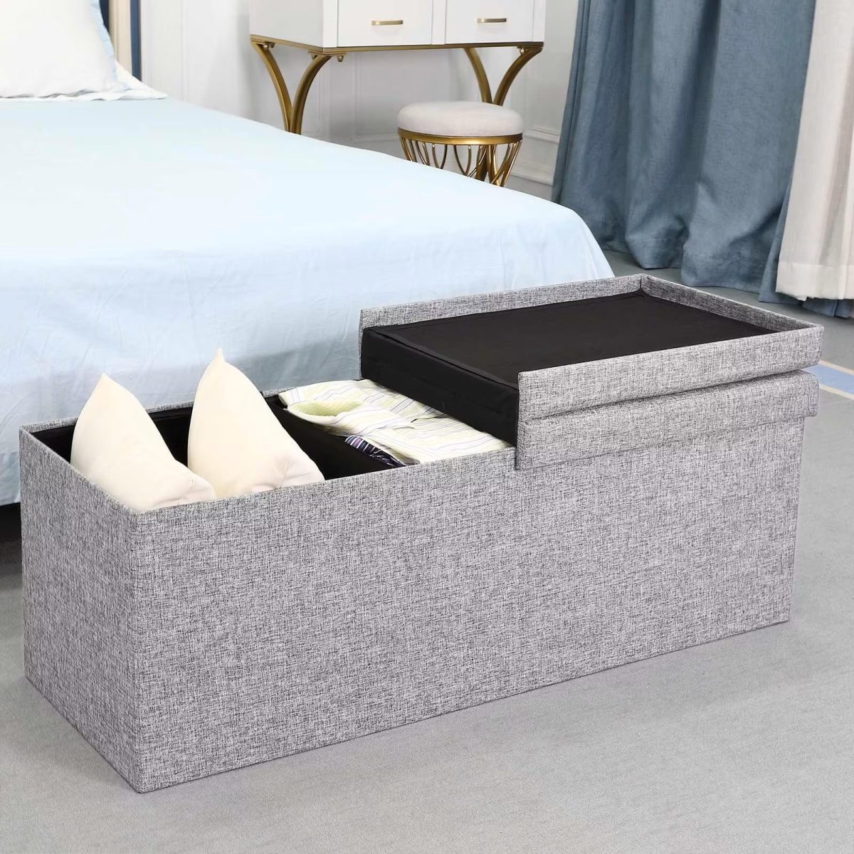 Banca pliabila cu spatiu pentru depozitare, CASARIA®, cadru MDF, gri, poliester, 80 x 40 x 40 cm - imagine 2