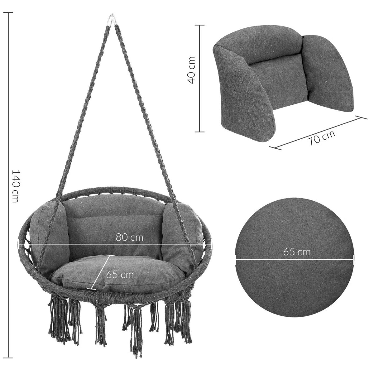 Leagan suspendat din bumbac cu 2 perne, capacitate pana la 150 kg, rezistent la intemperii, cadru otel galvanizat, 80 x 60 x 140 cm, gri - imagine 3