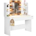 Masa de toaleta cu LED, Casaria®, sertar cu 3 compartimente, 4 rafturi, alb, MDF, 108 x 140 x 40cm