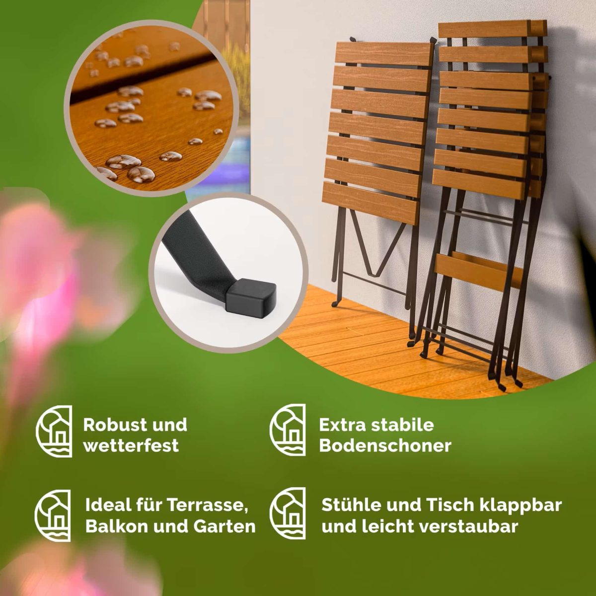 Set masa cu 2 scaune pliabile pentru terasa/balcon, CASARIA®, cadru metalic, lemn de salcam - imagine 3