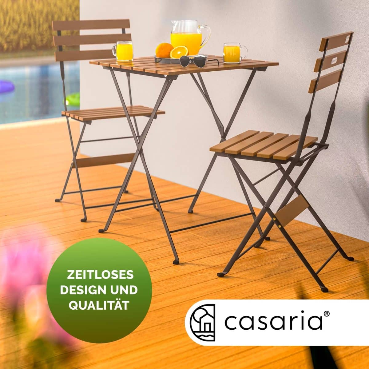 Set masa cu 2 scaune pliabile pentru terasa/balcon, CASARIA®, cadru metalic, lemn de salcam - imagine 2