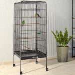 Cusca pentru papagali, echipata cu un dozator de apa si o statie de hranire, cu sertar metalic, 4 roti,146x54x54cm, negru/argintiu - imagine 6