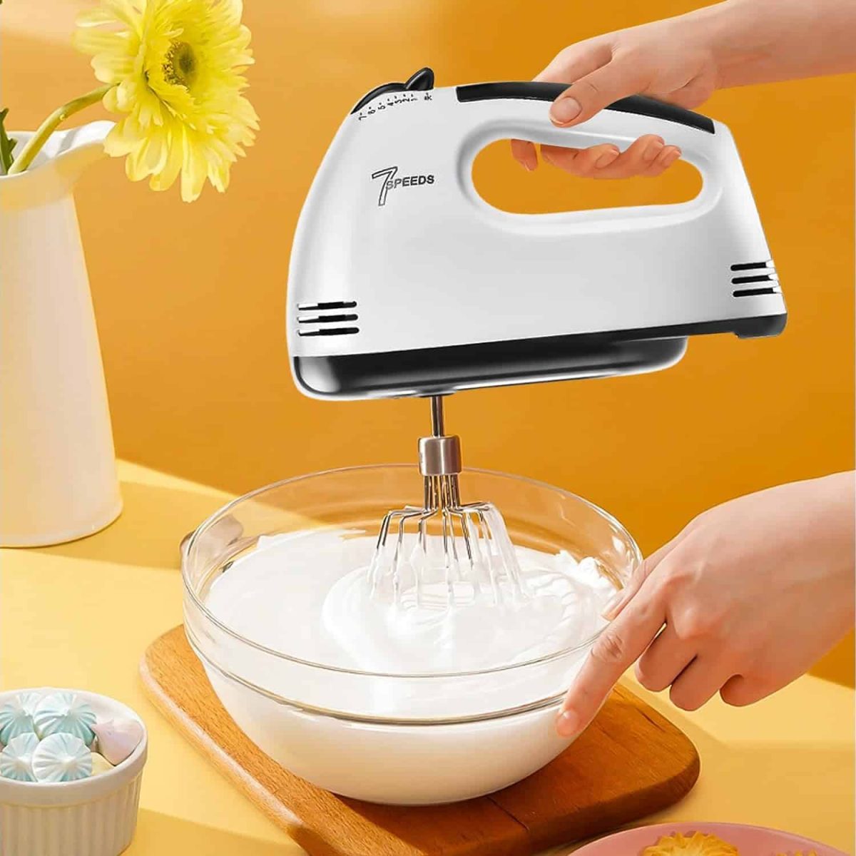 Mixer de mana, 150 W, 7 viteze, Tel dublu, palete de framantare, Alb/Negru - imagine 4