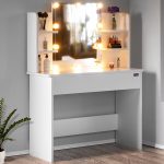 Masa de toaleta cu LED, Casaria®, sertar cu 3 compartimente, 4 rafturi, alb, MDF, 108 x 140 x 40cm - imagine 5