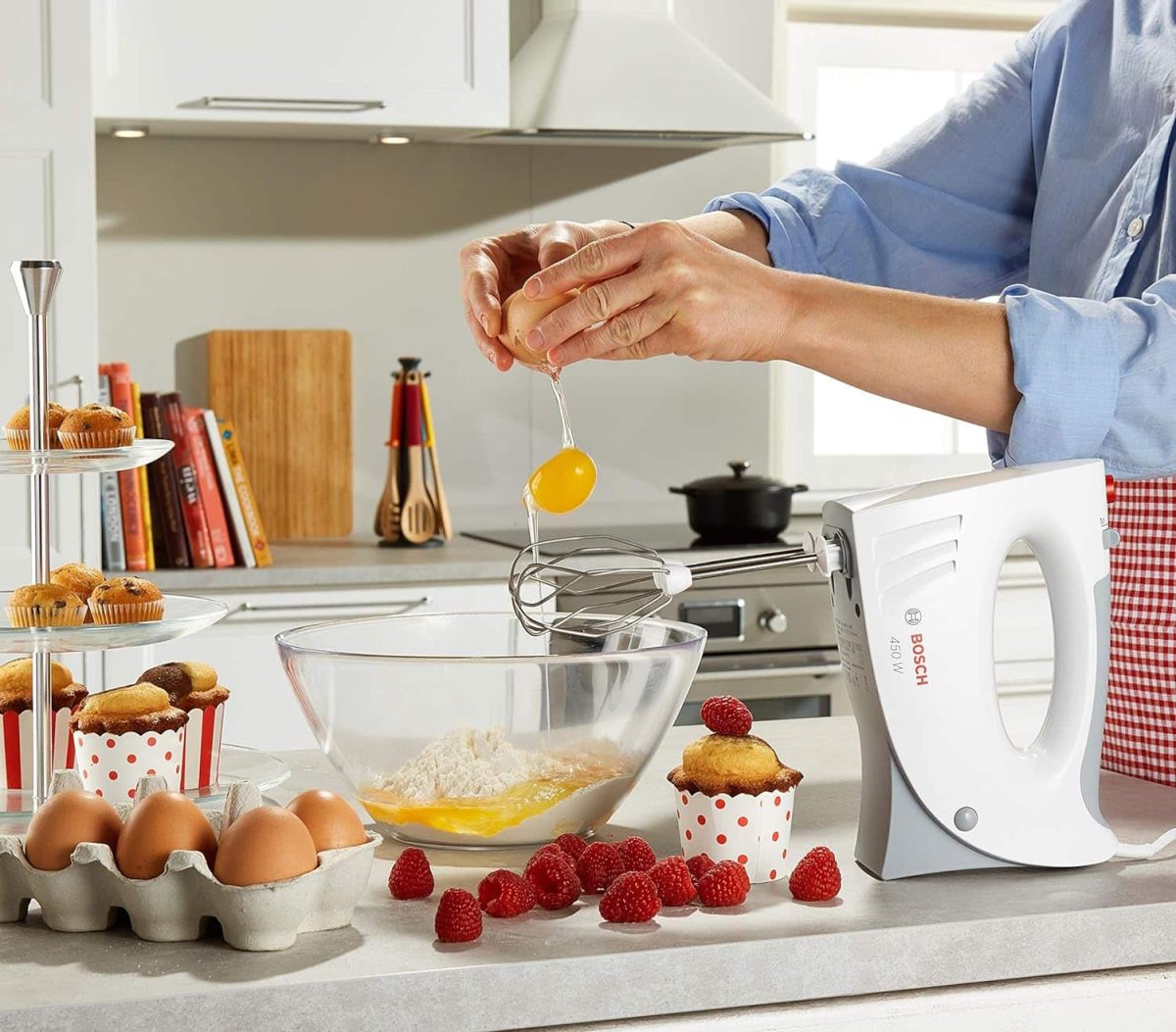Mixer de mana Bosch MFQ3540, 450 W, 5 viteze, Alb/Gri - imagine 6
