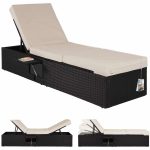 Sezlong CASARIA® din polirattan, perna de 7 cm cu husa detasabila, raft lateral, capacitate 400 kg, 200 x 58 x 33 cm