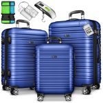 Set trolere pentru voiaj, 3 piese, marimi diferite, M, L, XL, include cantar, curele si eticheta pentru bagaje, cu incuietoare, albastru