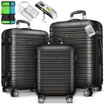 Set trolere pentru voiaj, 3 piese, marimi diferite, M, L, XL, include cantar, curele si eticheta pentru bagaje, cu incuietoare, gri inchis