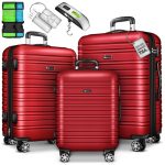Set trolere pentru voiaj, 3 piese, marimi diferite, M, L, XL, include cantar, curele si eticheta pentru bagaje, maner telescopic, cu incuietoare, rosu