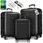 Set trolere pentru voiaj, 3 piese, marimi diferite, M, L, XL, include cantar, curele si eticheta pentru bagaje, cu incuietoare, negru