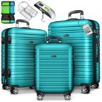 Set trolere pentru voiaj, 3 piese, marimi diferite, M, L, XL, include cantar, curele si eticheta pentru bagaje, cu incuietoare, turcoaz