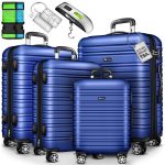 Set trolere pentru voiaj, 4 piese, marimi diferite, S, M, L, XL, include cantar, curele si eticheta pentru bagaje, cu incuietoare, albastru