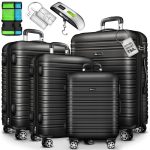 Set trolere pentru voiaj, 4 piese, marimi diferite, S, M, L, XL, include cantar, curele si eticheta pentru bagaje, cu incuietoare, gri inchis