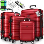 Set trolere pentru voiaj, 4 piese, marimi diferite, S, M, L, XL, include cantar, curele si eticheta pentru bagaje, cu incuietoare, rosu