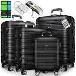 Set trolere pentru voiaj, 4 piese, marimi diferite, S, M, L, XL, include cantar, curele si eticheta pentru bagaje, maner telescopic, cu incuietoare, negru