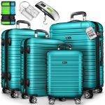Set trolere pentru voiaj, 4 piese, marimi diferite, S, M, L, XL, include cantar, curele si eticheta pentru bagaje, cu incuietoare, turcoaz
