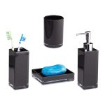 Set accesorii de baie, 4 piese, suport periute de dinti, savoniera, dispenser si pahar, negru lucios