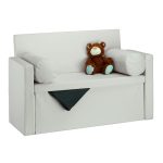 Banca 2 locuri cu spatar, fotoliu, Relaxdays, spatiu de depozitare, 115 cm, bumbac/MDF, crem