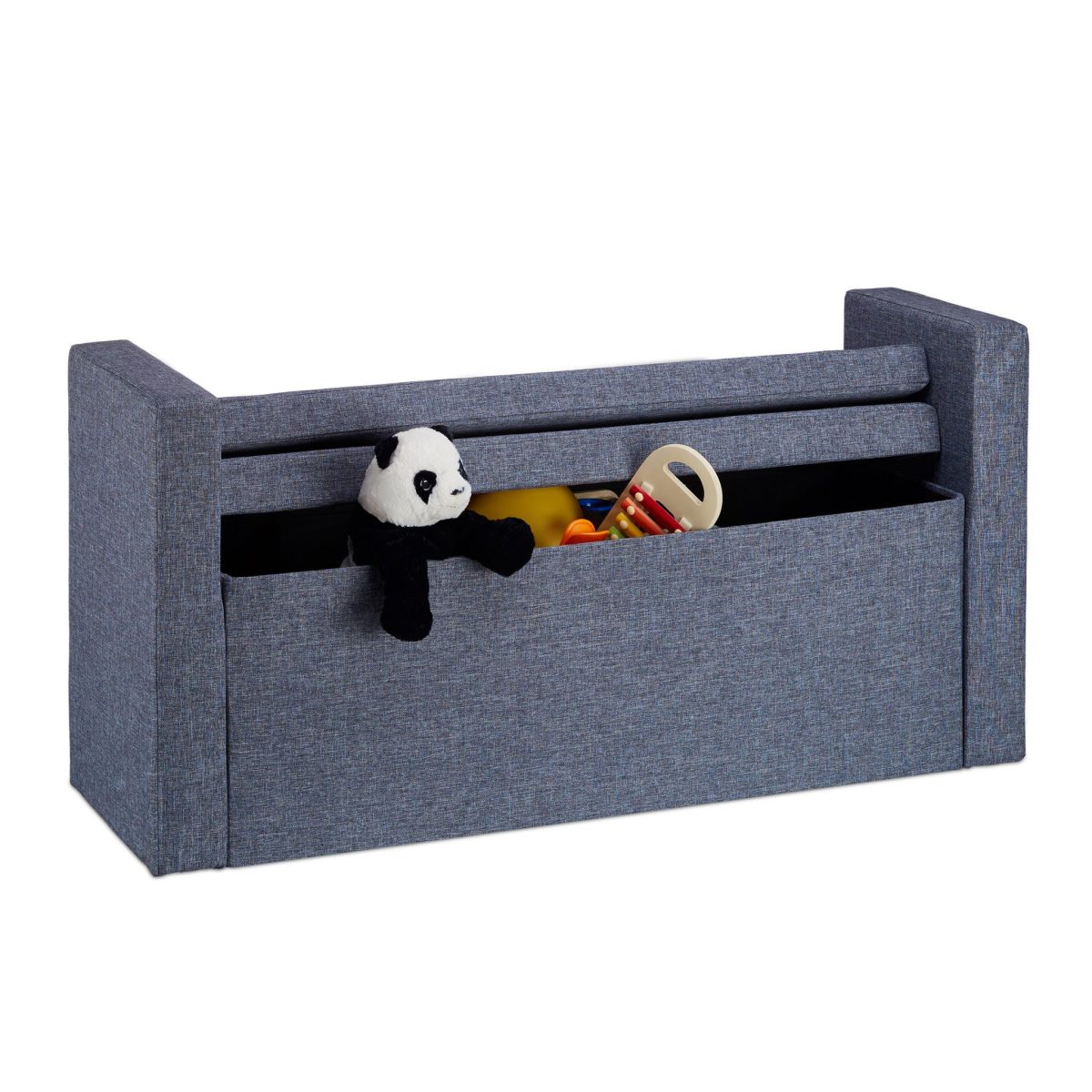 Banca 2 locuri cu spatar, fotoliu, Relaxdays, spatiu de depozitare, 115 cm, bumbac/MDF, gri - imagine 2