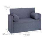 Banca 2 locuri cu spatar, fotoliu, Relaxdays, spatiu de depozitare, 115 cm, bumbac/MDF, gri - imagine 3