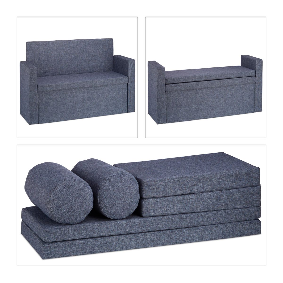 Banca 2 locuri cu spatar, fotoliu, Relaxdays, spatiu de depozitare, 115 cm, bumbac/MDF, gri - imagine 4