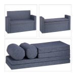 Banca 2 locuri cu spatar, fotoliu, Relaxdays, spatiu de depozitare, 115 cm, bumbac/MDF, gri - imagine 4