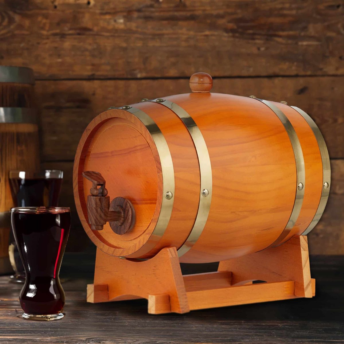 Butoi pentru vin, 2,2 L, cu robinet, lemn de pin, design rustic, maro, 25 x 18,5 x 28 cm - imagine 2