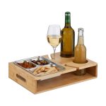 Tava de servire cu bol din inox, suport pentru sticle si pahare, bambus, 8 x 36,5 x 25 cm, Relaxdays