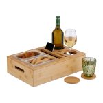 Tava de servire cu 2 boluri din plastic, suport pentru sticle, pahare si telefon, bambus, 10,5 x 40 x 26 cm