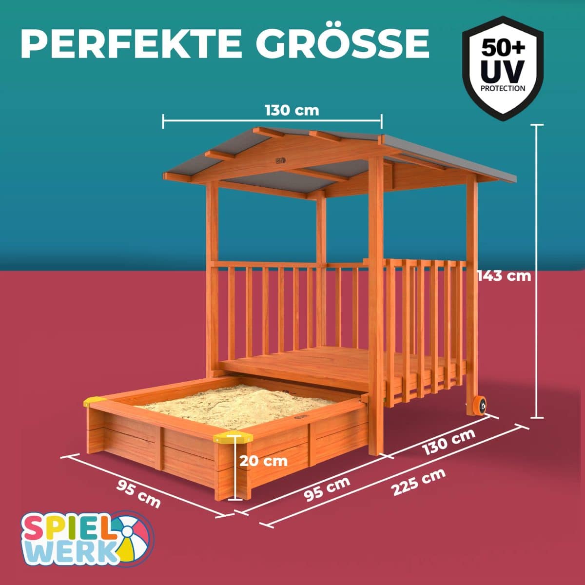 Casuta pentru copii cu lada pentru nisip, acoperis textil cu protectie UV 50+, lemn de molid, cu roti, 133 x 127 x 137 cm - imagine 5