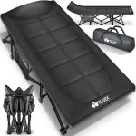 Pat pliabil pentru camping, Tillvex®, geanta pentru transport, capacitate 200 kg, 190 x 68 x 40 cm, perna, cadru din otel, negru