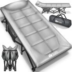 Pat pliabil pentru camping, Tillvex®, geanta pentru transport, capacitate 200 kg, 190 x 68 x 40 cm, perna, cadru din otel, gri