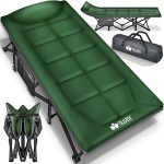Pat pliabil pentru camping, Tillvex®, geanta pentru transport, capacitate 200 kg, 210 x 80 x 40 cm, perna, cadru din otel, verde