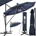 Umbrela de soare cu LED pentru terasa/gradina, din aluminiu premium, 330 cm, husa protectie, Tillvex®, reglabila in 6 directii, cu manivela, rotativa 360°, inclinabila, rezistenta UV50+, bleumarin