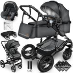 Carucior bebe 3 in 1, Scoica, Geanta de scutece,centura siguranta, Husa de protectie detasabila, plasa tantari, roti 360°, antracit
