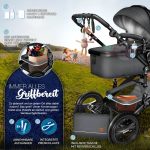 Carucior bebe 3 in 1, Scoica, Geanta de scutece,centura siguranta, Husa de protectie detasabila, plasa tantari, roti 360°, antracit - imagine 7