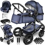 Carucior 3 in 1, Scoica, Geanta de scutece, Husa de protectie detasabila, plasa tantari, roti 360°, 112 x 87 x 65 cm, albastru