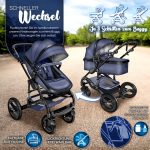 Carucior 3 in 1, Scoica, Geanta de scutece, Husa de protectie detasabila, plasa tantari, roti 360°, 112 x 87 x 65 cm, albastru - imagine 5