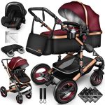 Carucior 3 in 1, Scoica, Geanta de scutece, Husa de protectie detasabila, plasa tantari, roti 360°, 112 x 87 x 65 cm, negru/rosu burgundy - imagine 2