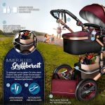 Carucior 3 in 1, Scoica, Geanta de scutece, Husa de protectie detasabila, plasa tantari, roti 360°, 112 x 87 x 65 cm, negru/rosu burgundy - imagine 8