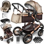 Carucior 3 in 1, Scoica, Geanta de scutece, Husa de protectie detasabila, plasa tantari, roti 360°, 112 x 87 x 65 cm, maro/crem